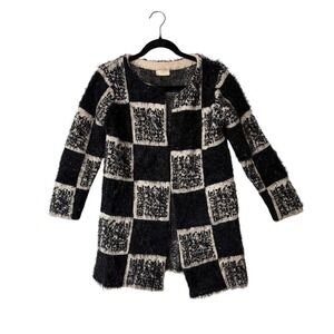 Y2K Pitti Wool Cashmere Fuzzy Cardigan Coat – Black Cream Minimalist Sweater